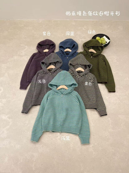 Retro Striped Knit Cardigan – Women's Zip Up Hooded Sweater with Loose Fit, Short Coat Design and Korean Autumn Winter Style