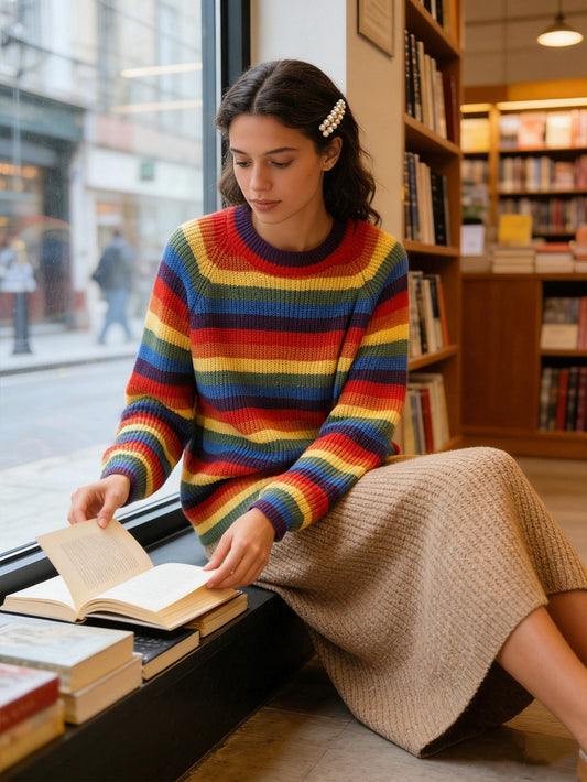 Women's Rainbow Striped Sweater – Oversized Vintage Knit Pullover with Long Sleeves for Casual Autumn Winter Fashion and Cozy Layering