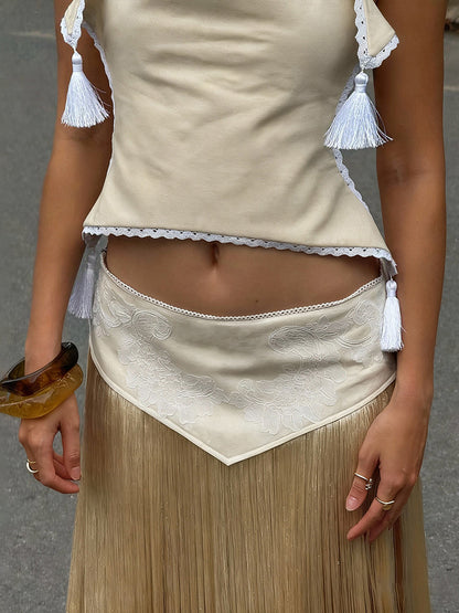 Kliou Halter Crop Top and Maxi Skirt Set – Sexy Backless Bandage Outfit with Tassel Details for Elegant Party Styling
