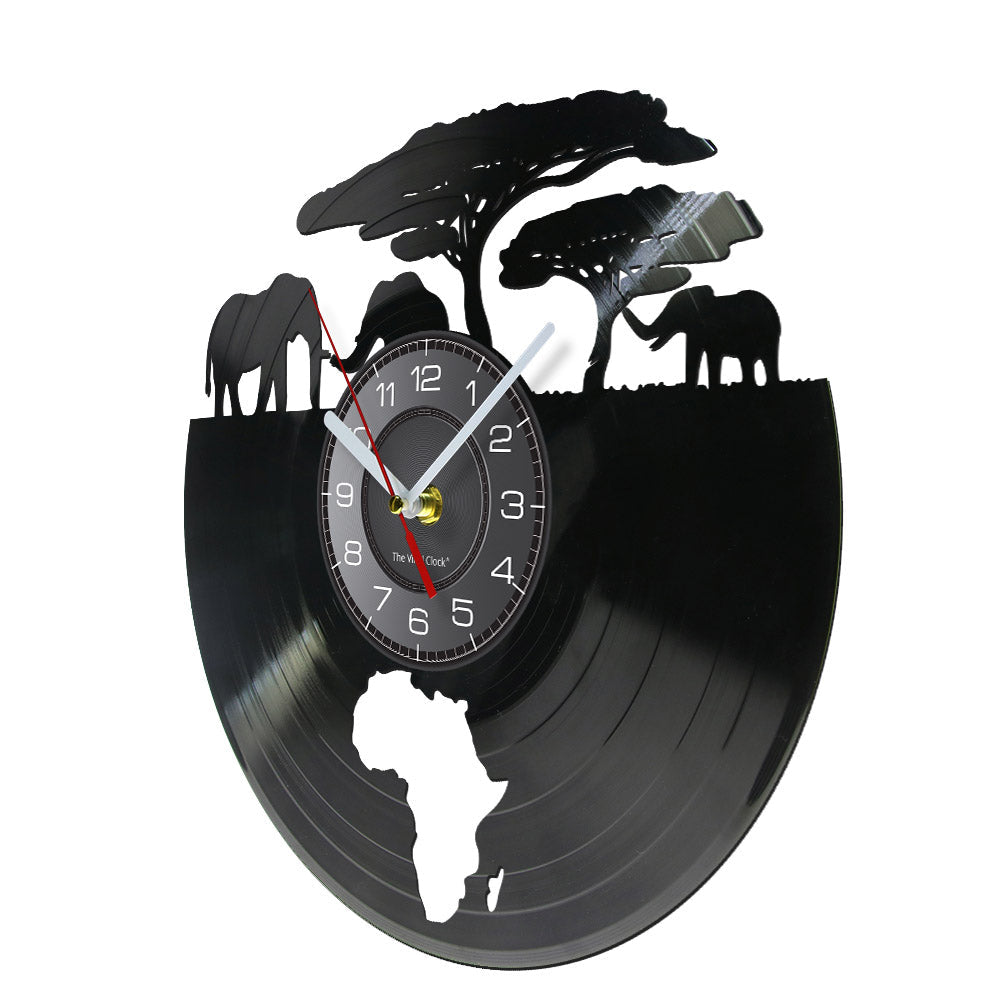 African Elephants Laser Cut Vinyl Record Wall Clock – Wildlife Habitat Map of Africa Retro LP Wall Art Decor for Living Room Statement Display.