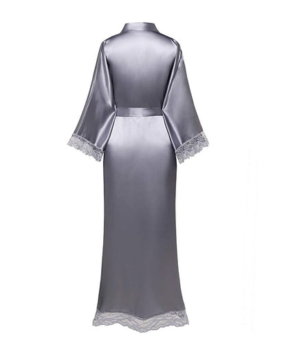 Luxury Silk Satin Lace Robe – Long Bridal Bathrobe for Women, Elegant Lingerie & Bridesmaid Wedding Nightwear