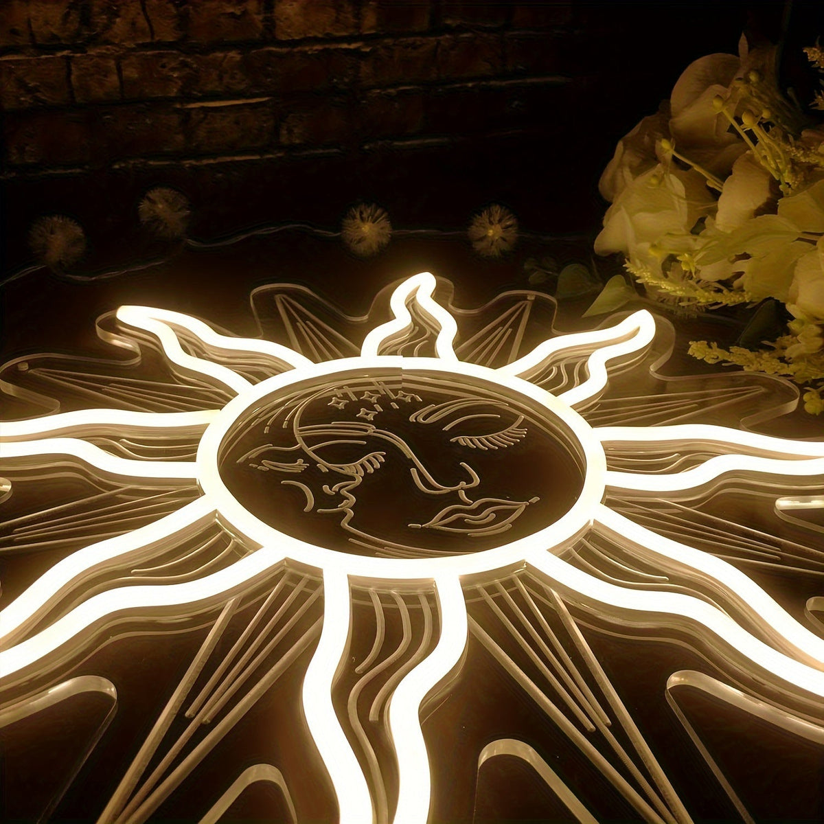 Bohemian Sun and Moon Neon Sign – Retro LED Wall Light with Burning Sunflower Design for Bedrooms, Living Rooms and Artistic Home Decor