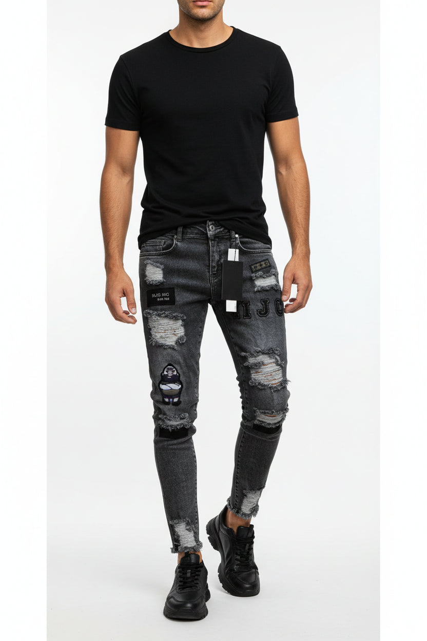 Stretch Cotton Men's Ripped Skinny Jeans - Slim Fit Denim Pants with Distressed Holes, Casual Hip Hop Streetwear Trousers for Daily Wear