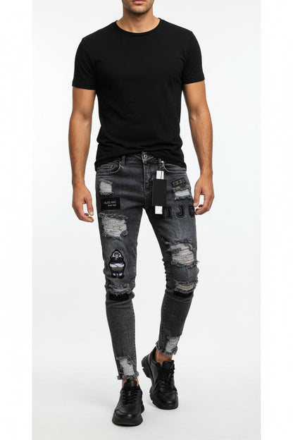 Stretch Cotton Men's Ripped Skinny Jeans - Slim Fit Denim Pants with Distressed Holes, Casual Hip Hop Streetwear Trousers for Daily Wear