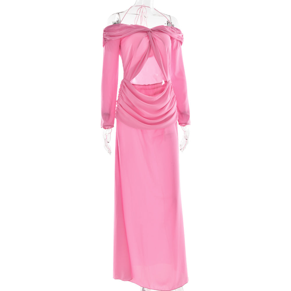 Sexy Off-Shoulder Hollow-Out Maxi Dress – Elegant Halter Long-Sleeve White Dress for Women, Slim Summer Vacation Beachwear & Evening Resort Outfits