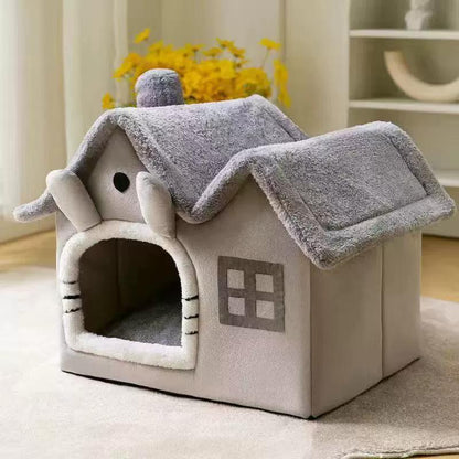 Foldable Double-Roof Dog House – Warm Small Pet Kennel with Bed Mat for Puppies and Cats, Cozy Winter Indoor Rest
