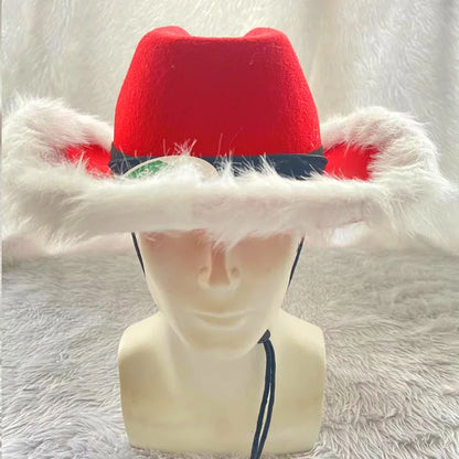 LED Light-Up Cowboy Christmas Hat – Festive Red Felt Western Santa Hat with Wide Brim, Perfect for Holiday Parties, Costumes, and Events