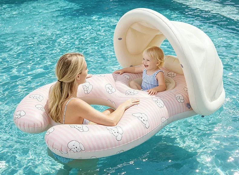 Mother and Baby Swimming Ring – Double Seat Inflatable Pool Float with Shade Canopy for Family Swimming, Baby Water Play and Summer Fun