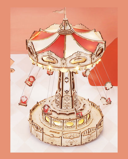 DIY Wooden Puzzle Music Box – Magical Amusement Park Christmas Gift Toy with Swing Model & Easy-Assemble Kids Craft Kit