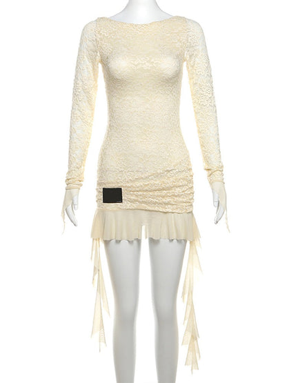 Sexy Ruffled Lace Patchwork Dress – Long Sleeve Backless Bodycon for Women Perfect for Summer Nights