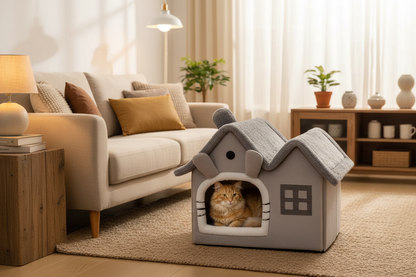 Foldable Double-Roof Dog House – Warm Small Pet Kennel with Bed Mat for Puppies and Cats, Cozy Winter Indoor Rest