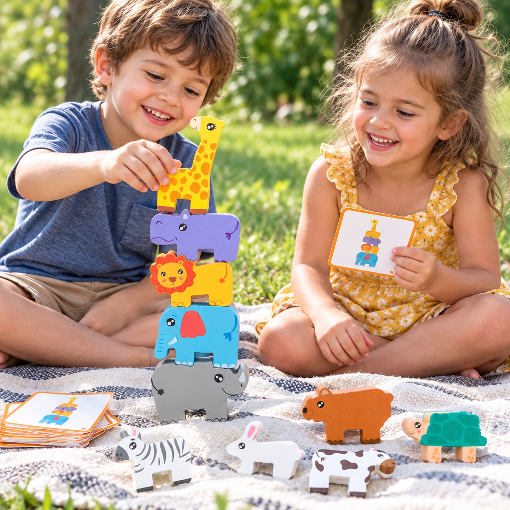 Wooden Stacking Challenge Blocks – Balance Building Toy for Kids with Creative Construction, Problem Solving and Fine Motor Skill Development
