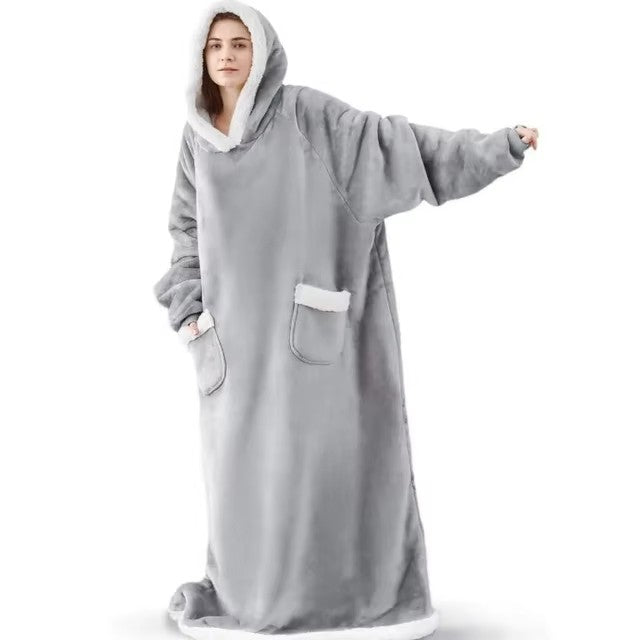 Giant Wearable Blanket Hoodie – 180cm Oversized Flannel Pajamas with Sleeves and Hood for Men and Women, Warm Winter Loungewear
