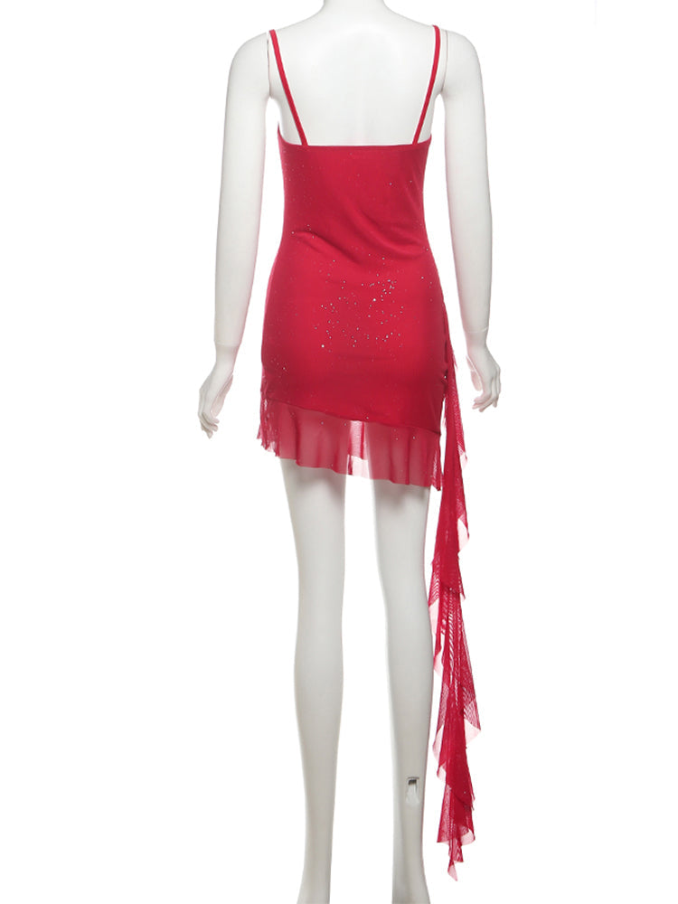 Tassel Sequin Double Layer Spaghetti Strap Dress – Elegant Ruffle Bodycon Dress for Women Perfect for Parties & Vacations