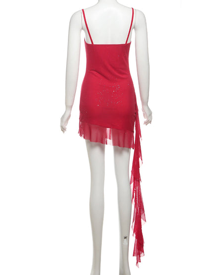 Tassel Sequin Double Layer Spaghetti Strap Dress – Elegant Ruffle Bodycon Dress for Women Perfect for Parties & Vacations