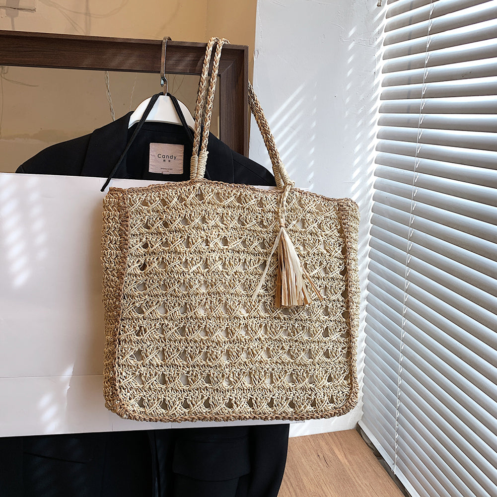 Boho Woven Straw Beach Tote Bag – Rattan Summer Handbag with Tassel Handles for Vacation and Daily Chic Looks