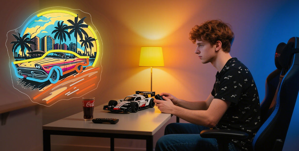 Car Sunset Neon Sign – UV-Printed LED Wall Art for Boys Bedrooms, Game Rooms, Bars and Man Caves with Scenic Night Glow
