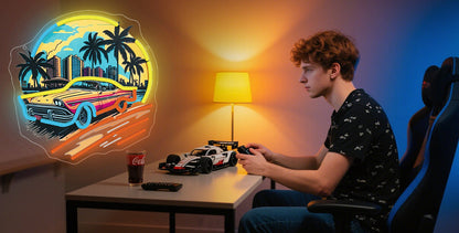 Car Sunset Neon Sign – UV-Printed LED Wall Art for Boys Bedrooms, Game Rooms, Bars and Man Caves with Scenic Night Glow