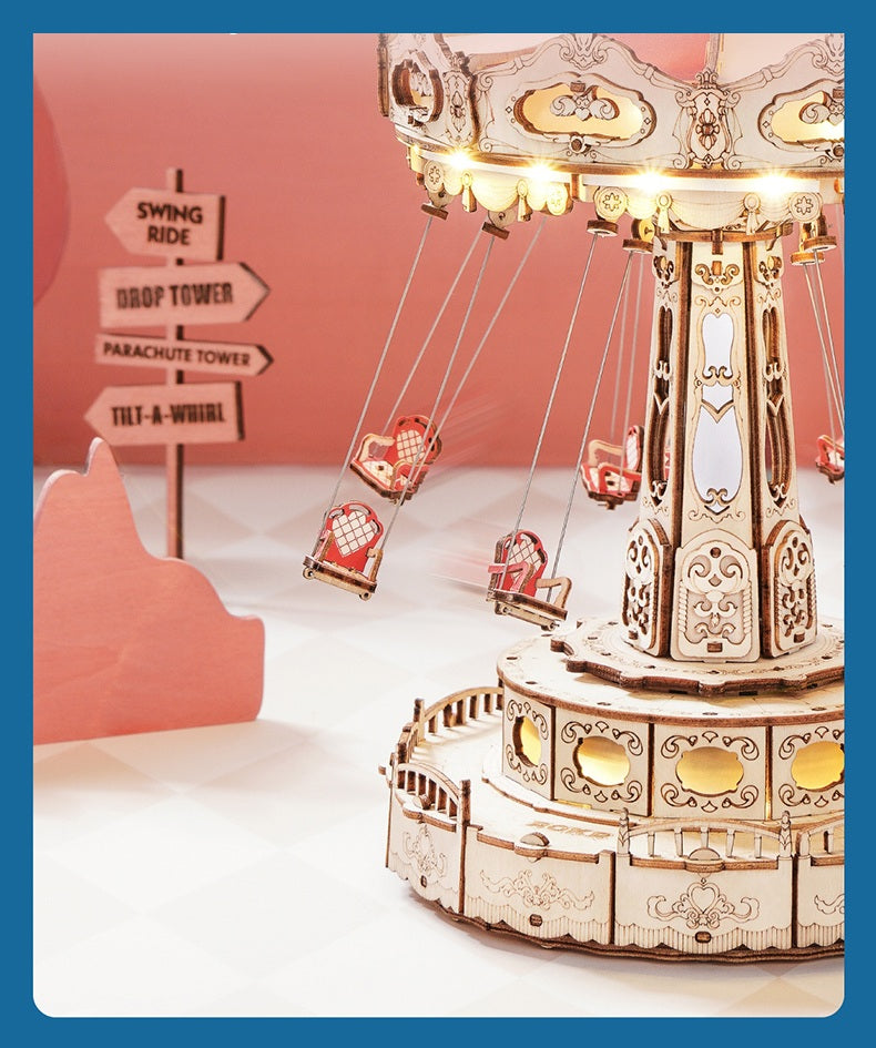 DIY Wooden Puzzle Music Box – Magical Amusement Park Christmas Gift Toy with Swing Model & Easy-Assemble Kids Craft Kit