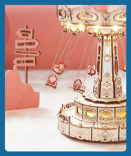 DIY Wooden Puzzle Music Box – Magical Amusement Park Christmas Gift Toy with Swing Model & Easy-Assemble Kids Craft Kit