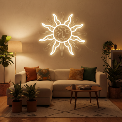 Bohemian Sun and Moon Neon Sign – Retro LED Wall Light with Burning Sunflower Design for Bedrooms, Living Rooms and Artistic Home Decor