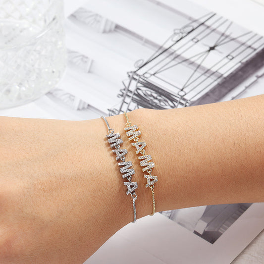 Adjustable MOM Letter Charm Bracelet - Cubic Zirconia Chain Bracelet for Women, Stylish Mother's Day Jewelry Gift for Mom Mama