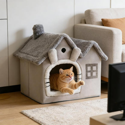 Foldable Double-Roof Dog House – Warm Small Pet Kennel with Bed Mat for Puppies and Cats, Cozy Winter Indoor Rest