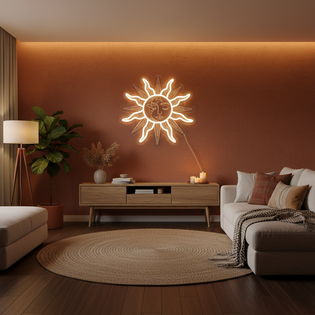 Bohemian Sun and Moon Neon Sign – Retro LED Wall Light with Burning Sunflower Design for Bedrooms, Living Rooms and Artistic Home Decor