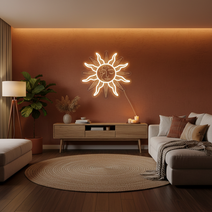 Bohemian Sun and Moon Neon Sign – Retro LED Wall Light with Burning Sunflower Design for Bedrooms, Living Rooms and Artistic Home Decor