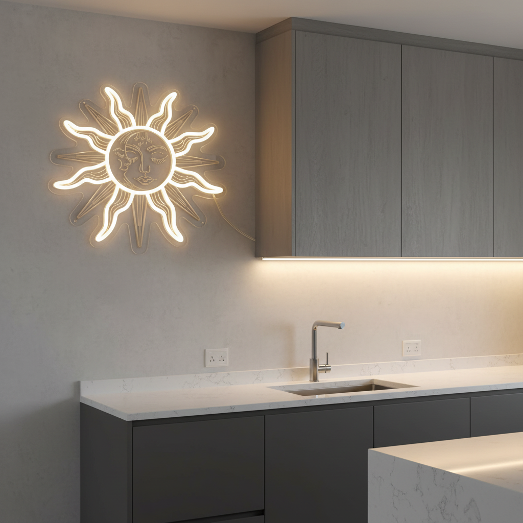 Bohemian Sun and Moon Neon Sign – Retro LED Wall Light with Burning Sunflower Design for Bedrooms, Living Rooms and Artistic Home Decor