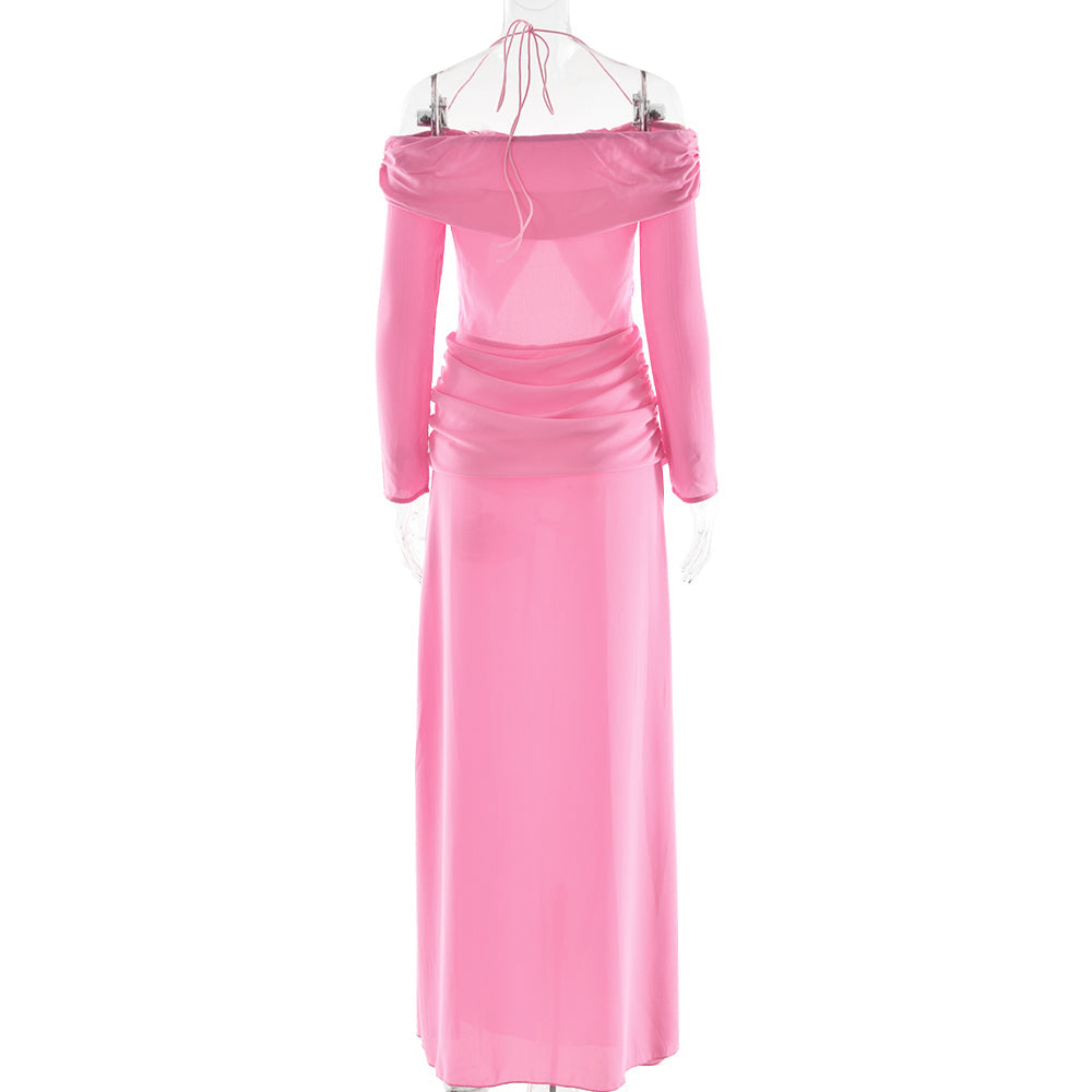 Sexy Off-Shoulder Hollow-Out Maxi Dress – Elegant Halter Long-Sleeve White Dress for Women, Slim Summer Vacation Beachwear & Evening Resort Outfits