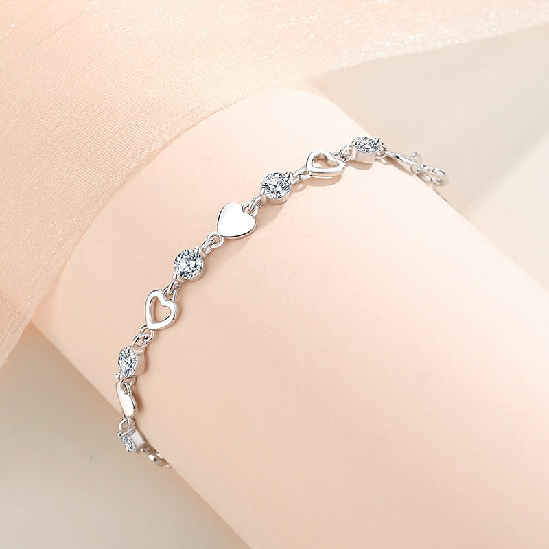Sterling Silver Heart Zircon Bracelet – 925 Sparkling Adjustable Chain Jewelry with Elegant Korean Design for Women, Romantic Gifts and Parties