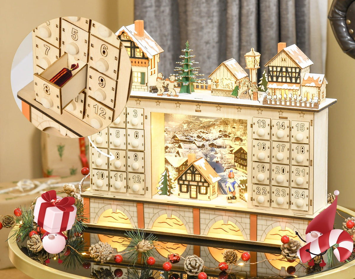 Wooden Advent Calendar – Fillable 24-Drawer Christmas Countdown Box, Natural Finish Holiday Display for Home Christmas Festive Decoration