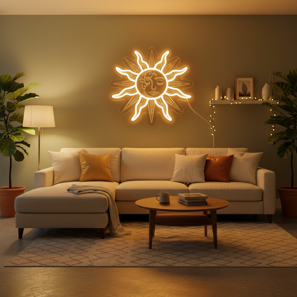 Bohemian Sun and Moon Neon Sign – Retro LED Wall Light with Burning Sunflower Design for Bedrooms, Living Rooms and Artistic Home Decor