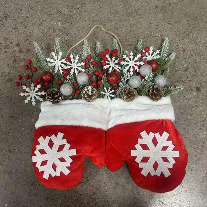 Outdoor Christmas Wreath with LED Lights – Artificial Front Door Mitten Garland with Pine Cones & Red Berries for Holiday & Winter Home Décor