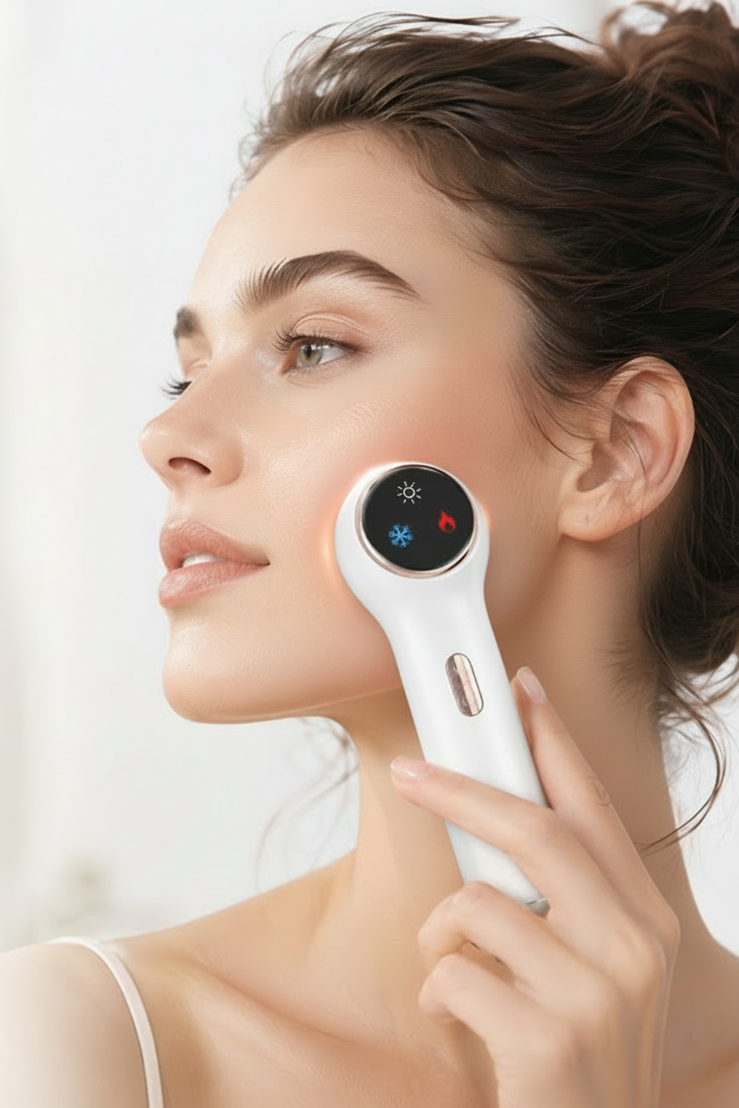 Hot Cold Facial Beauty Device – Rechargeable Red Blue Light Massager with Cooling and Warming Modes for Portable At-Home Skin Care