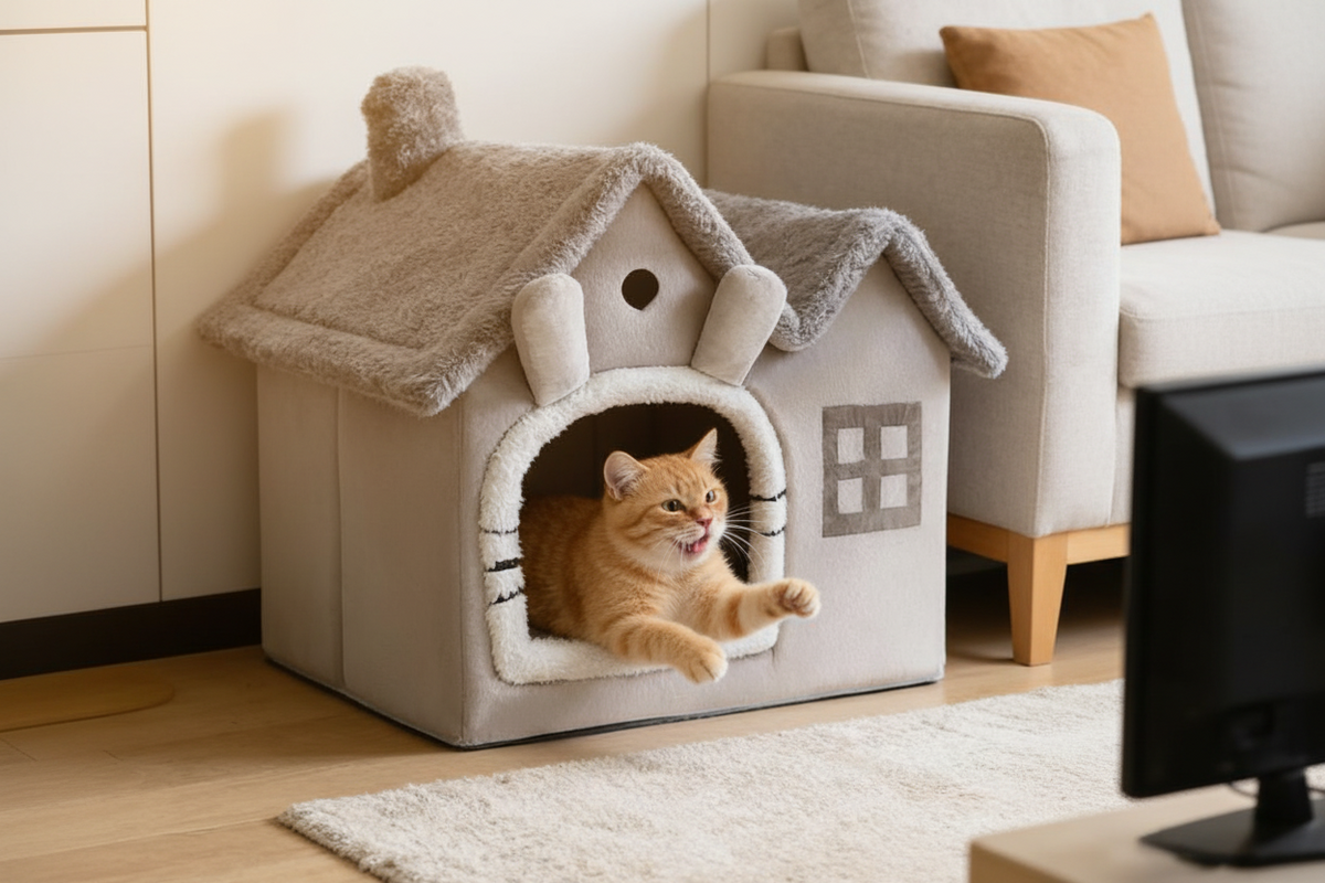 Foldable Double-Roof Dog House – Warm Small Pet Kennel with Bed Mat for Puppies and Cats, Cozy Winter Indoor Rest