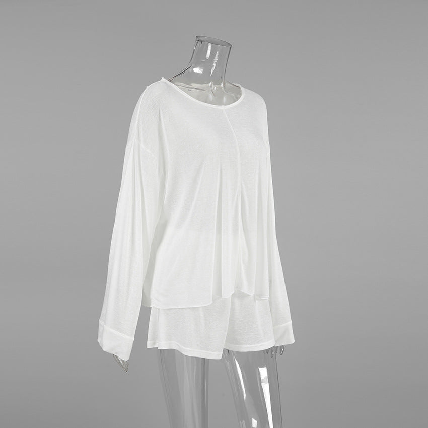 White Long-Sleeve Pajama Set – Loose Two-Piece Women’s Sleepwear with Shorts for Comfortable Spring Nights, Relaxed Lounging and Chic Homewear