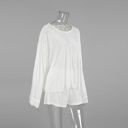 White Long-Sleeve Pajama Set – Loose Two-Piece Women’s Sleepwear with Shorts for Comfortable Spring Nights, Relaxed Lounging and Chic Homewear