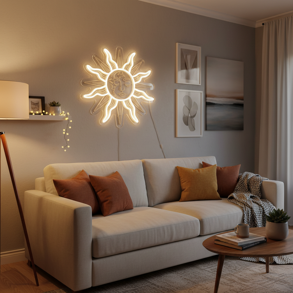Bohemian Sun and Moon Neon Sign – Retro LED Wall Light with Burning Sunflower Design for Bedrooms, Living Rooms and Artistic Home Decor