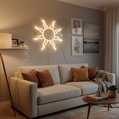Bohemian Sun and Moon Neon Sign – Retro LED Wall Light with Burning Sunflower Design for Bedrooms, Living Rooms and Artistic Home Decor