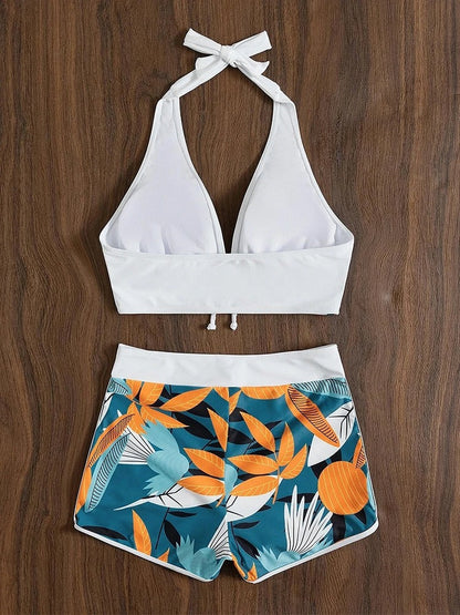 High Waisted Bikini Set – Conservative Print Swimsuit for Women with Flat Angle Cut, Tummy Control High Waist Split Design