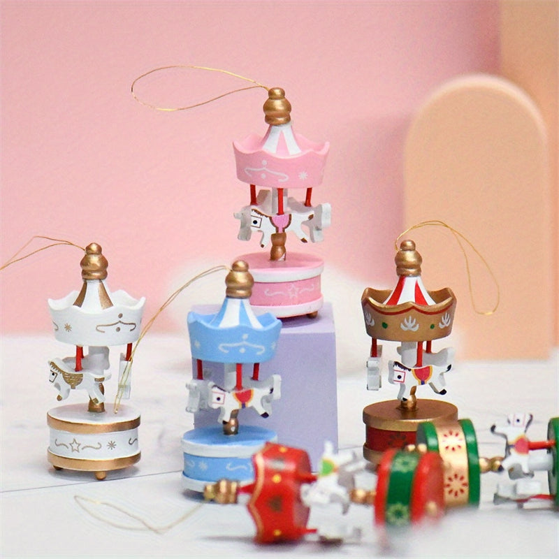 Wooden Carousel Horse Ornaments – Merry-Go-Round Christmas Tree Hanging Pendants for Home, Holiday Parties, Festive Décor & Seasonal Displays