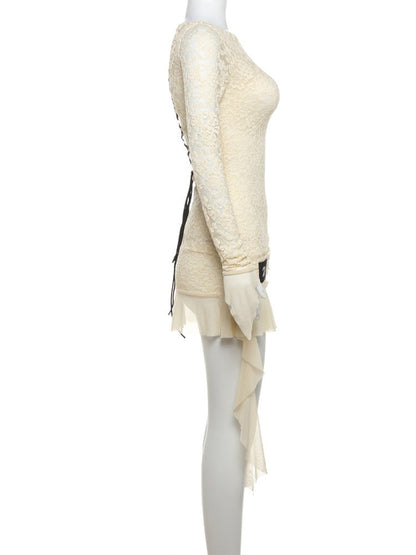 Sexy Ruffled Lace Patchwork Dress – Long Sleeve Backless Bodycon for Women Perfect for Summer Nights
