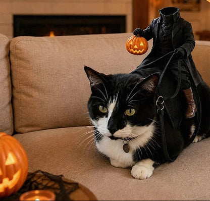 Headless Knight Pet Costume – 3D Pumpkin Lantern Halloween Outfit for Cats and Dogs, Funny Party Vest and Spooky Photo Accessory