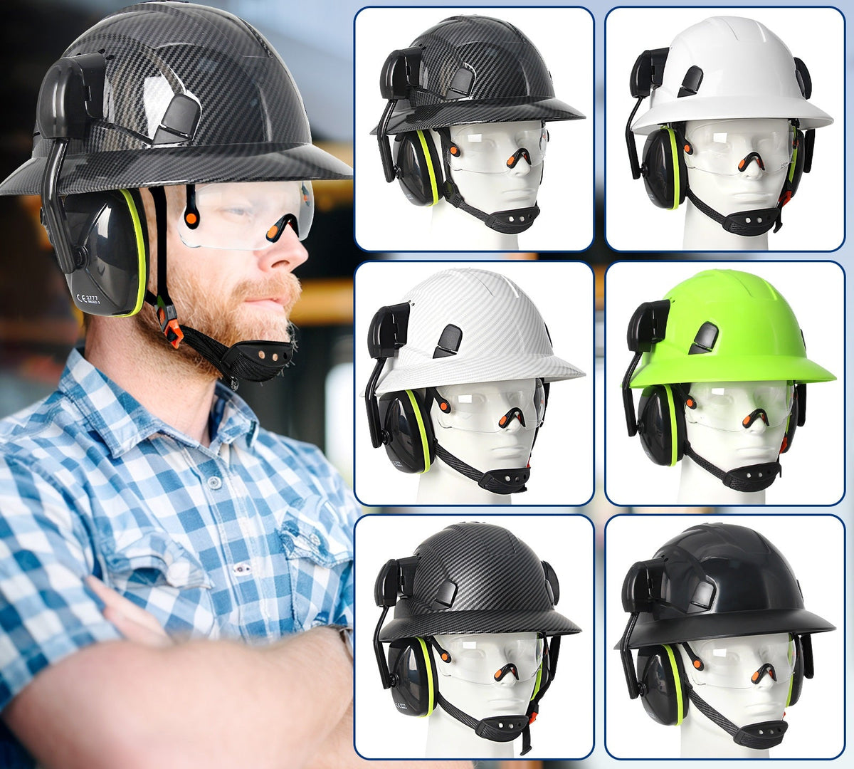 Full Brim Hard Hat with Built-In Eye Shield & Earmuffs – Vented HDPE Safety Helmet, ANSI Z89.1 Type I Class C