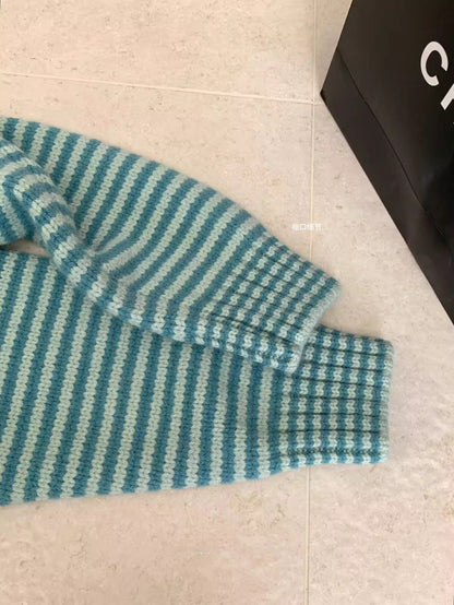 Retro Striped Knit Cardigan – Women's Zip Up Hooded Sweater with Loose Fit, Short Coat Design and Korean Autumn Winter Style