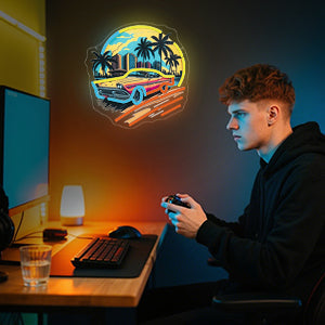 Car Sunset Neon Sign – UV-Printed LED Wall Art for Boys Bedrooms, Game Rooms, Bars and Man Caves with Scenic Night Glow