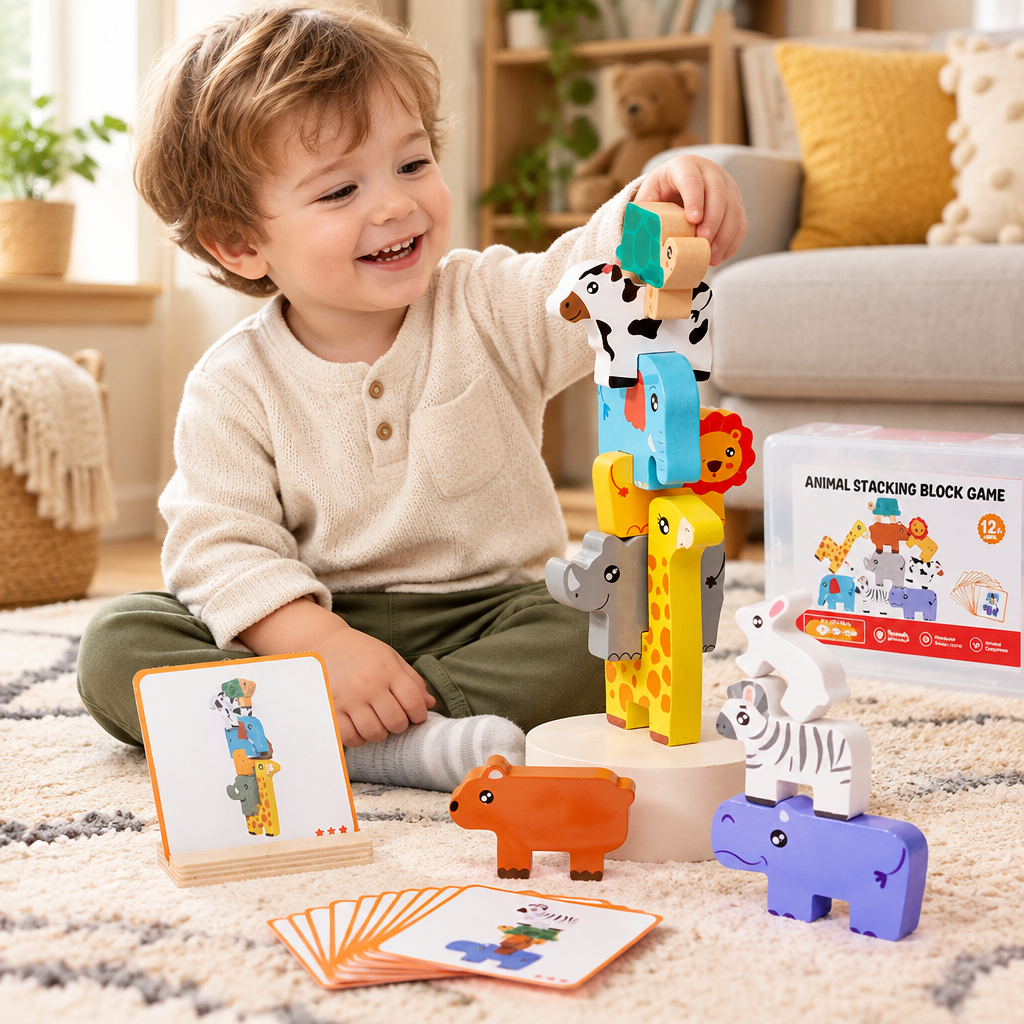 Wooden Stacking Challenge Blocks – Balance Building Toy for Kids with Creative Construction, Problem Solving and Fine Motor Skill Development