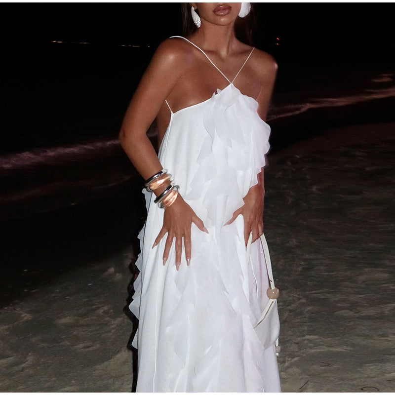 Elegant Off-Shoulder White Backless Ruffle-Edge Maxi Dress – Loose Summer Beach Outfit for Women, Flowy Party Vacation Fashion Robe